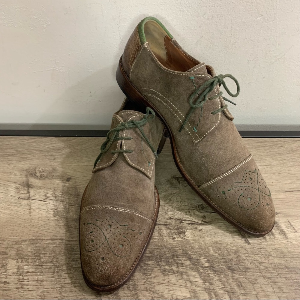 Men's RIGHT BANK SHOES CO Homme TAUPE & GREEN SUEDE Wing Tip BAROQUE OXFORDS  10